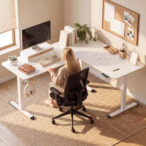 Image of Furmax 63 x 55 Inch L Shaped Standing Desk with 2 Preset Heights, Electric Height Adjustable Computer Table, 2 Hooks & Feet Balance, Corner Sit Stand Desk for Home Office (White, 63 x 55 Inch)