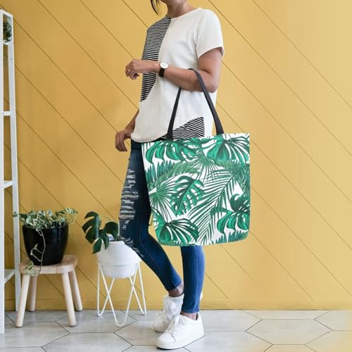 Image of Palm Leaf Canvas Tote Grocery Bag Shoulder Casual Book Bag Large for Women Teachers, Tropical Palm Cotton Bag Shopping Purse Handbag Reusable Multipurpose Use
