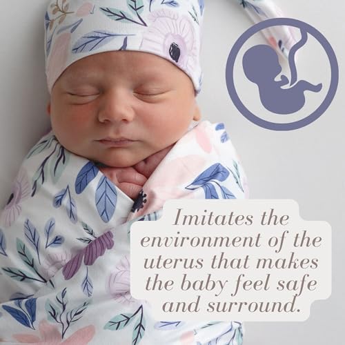 Image of Newborn Baby Girl Receiving Blanket Swaddle Blanket Stretchy Knit Swaddle Set with Matching Headband Beanie with a Name Card (Pink and Purple Floral)