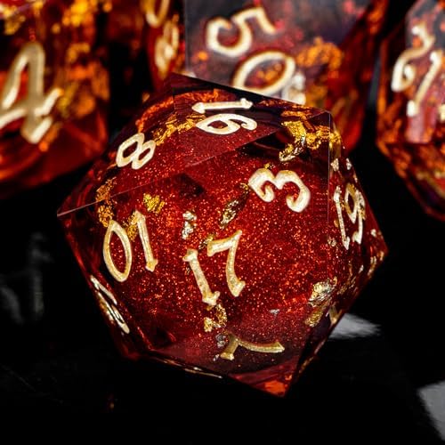 ARUOHHA Liquid Core DND Dice Set, 7pcs Resin Sharp Edged Dragons Dice Compatible with D&D Role Playing Game, Handmade RPG Golden Red Dungeons Polyhedral Dice with Gift Box, D20 D12 D10 D8 D6 - 2