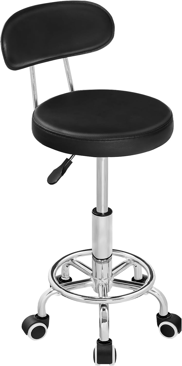 HOOBRO Drafting Swivel Chair, PU Leather Rolling Stool with Back Support and Footrest, Height Adjustable 360° Rotating Bar Stool, for Barber Shop, Nail Salon, Office, Black SB01BY01G1