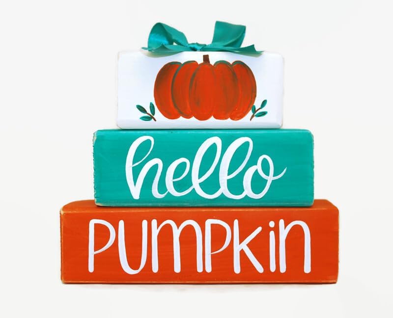 Pumpkin Hello Autumn WoodenBlock Shelf Sitter Stack Fall Tiered Tray Office Mantel Desktop Gift Sign