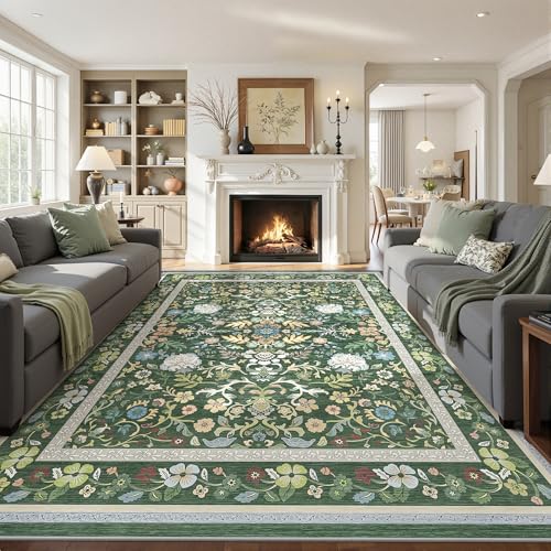 ComiComi 9x12 Area Rugs for Living Room Cloud Like Soft Washable Rugs for Bedroom Morris Floral Rug Non Slip Waterproof Carpet for Dining Room Nursery