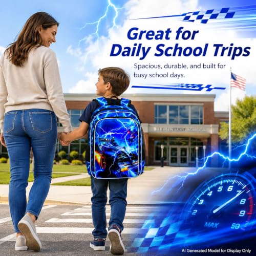 Image of 3Pcs Race Car Backpack, Boys Lightning Kids Bookbag with Lunch Box, 17 inch School Backpacks for Elementary Preschool Kindergarten (Blue)