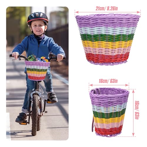 Spesh Kinder Fahrradkorb Vorne Geflochten Kinder Lenkerkorb mit 72 Stück Bunten Fahrradspeichen Dekorationen, Passend für 12-20 Zoll Kinderfahrräder(Regenbogen-A)