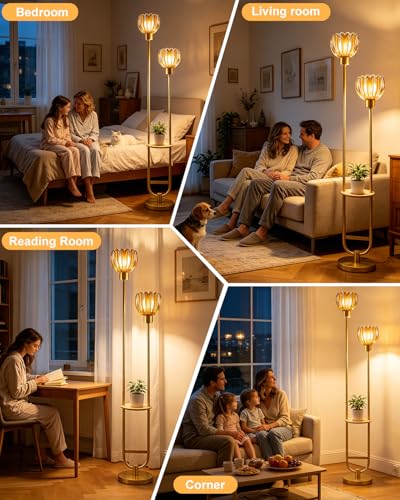 Image of Lightdot Glass Floor Lamp with Table 2-Lights Modern Gold Standing Tall Lamps with Amber Lotus Glass Shade,LED Floor Lamp with Foot Switch for Living Room Bedroom Home Office (Bulbs Included)