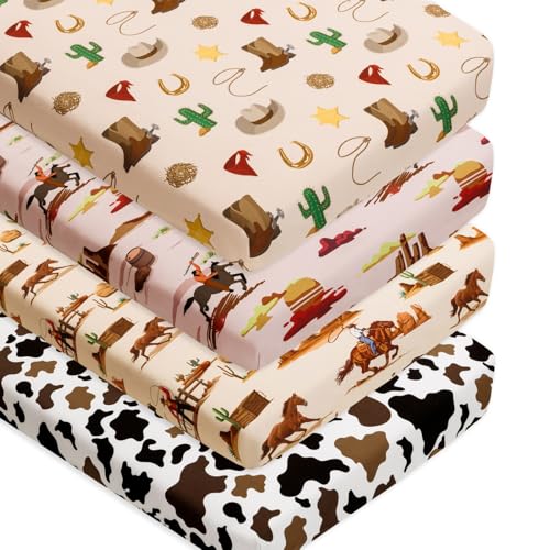 Image of 4 Pack Western Cowboy Crib Sheets Neutral Breathable Fitted Baby Sheets Nursery Sheets for Baby Boys or Girls (Crib Sheet)
