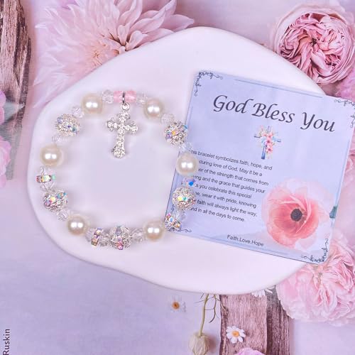 Image of Easter Gifts Baptism First Holy Communion Confirmation Christian Gifts, Cross Charm Bracelet, White