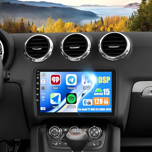OiLiehu 6G+128G/8-Core Android 15 Radio para Audi TT MK2 8J 2008-2014 con CarPlay Android Auto Inalámbrico, 9'' Pantalla con WiFi Bluetooth GPS FM RDS SWC DSP EQ Cámara de Visión Trasera