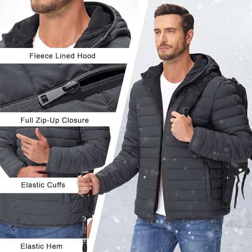 Image of Cotrasen Mens Puffer Jacket Sherpa Lined Water Resistant Hooded Full Zip Mid-Weight Warm Insulated Winter Coat