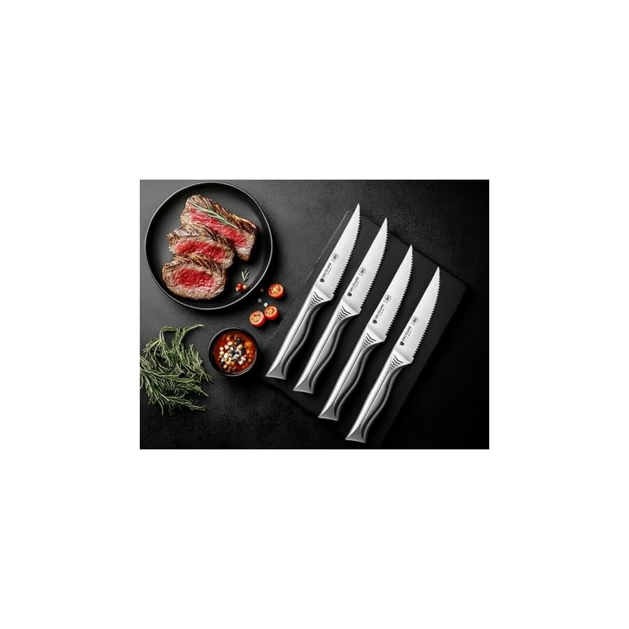 BRODARK Steak Knives Set of 8, 4.5 Inch Serrated Steak Knives, High Carbon Stainless Steel Kitchen Steak Knife Set, Never Need Sharpening, NSF Certified, Shark Series