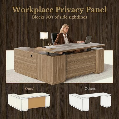 Image of 70 inch Standing Desk with File Cabinet, L Shaped Electric Height Adjustable Desk with AC /USB，Privacy Panel, Computer Executive Corner Table for Home and Office, Natural Oak