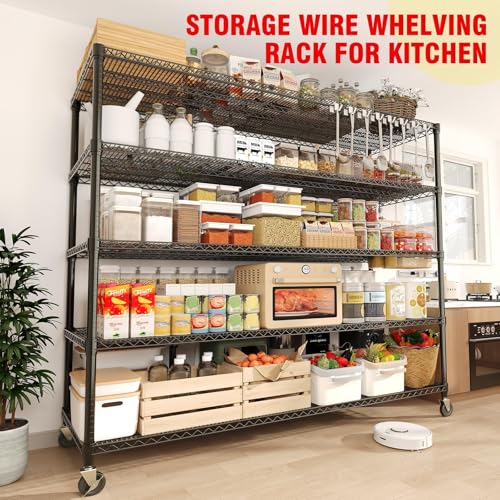 Image of GarveeTech 5-Tier Wire Storage Shelves with Wheels, 3300LBS Heavy Duty Metal Shelving Unit with Adjustable Storage Shelves for Home, Pantry & Warehouse, Easy Assembly, 82.6 inch H x 59W x 23.6 inch D