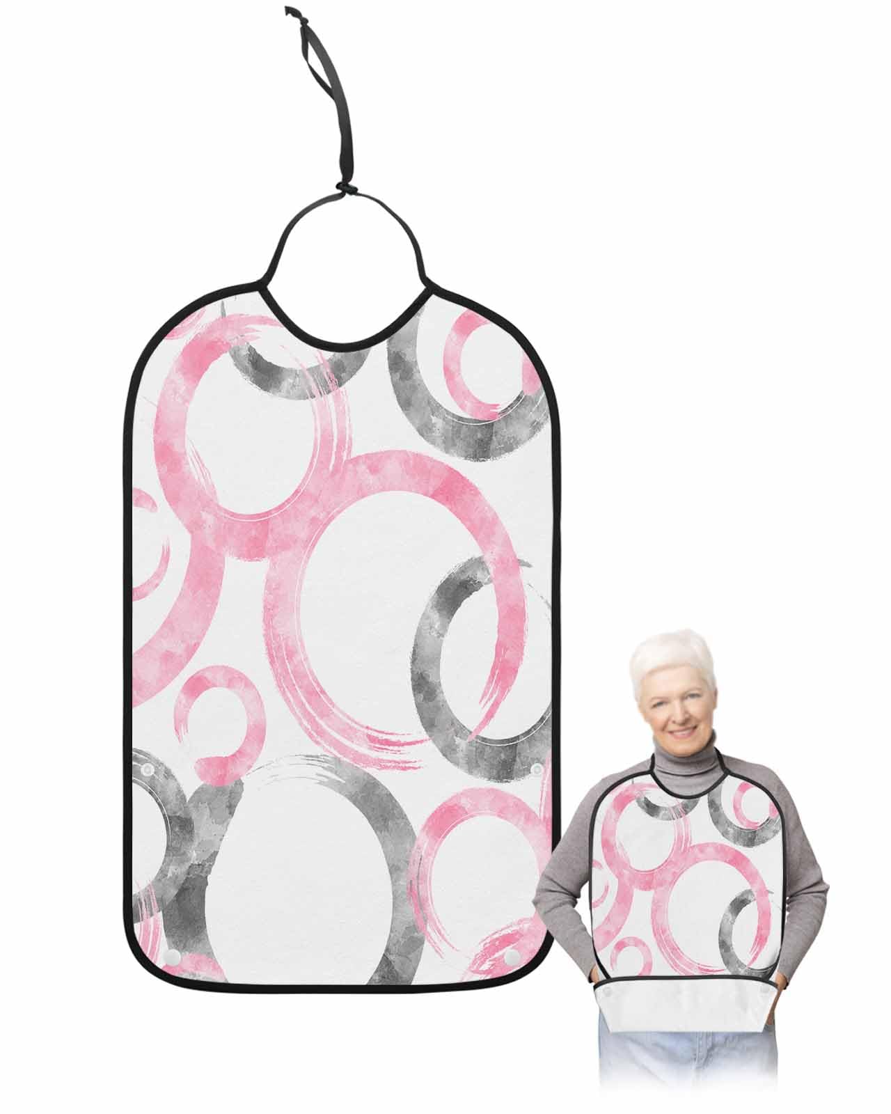 LEOKOTI Pink Gray Geometric Adult Bibs for Eating, Waterproof Bibs with Food Catcher & Adjustable Snap Closure, Modern Oil Painted Abstract Art Washable Clothing Protectors Adult Bibs for Elderly