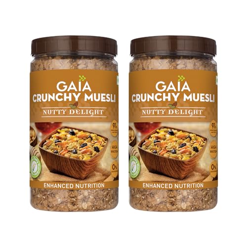 Image of GAIA Nutty Delight Crunchy Muesli 1 kg jar (Pack of 2) - A Perfect Blend of Multigrains, Nuts, Oats and Cornflakes The Ultimate Healthy and Delicious Breakfast Cereals.