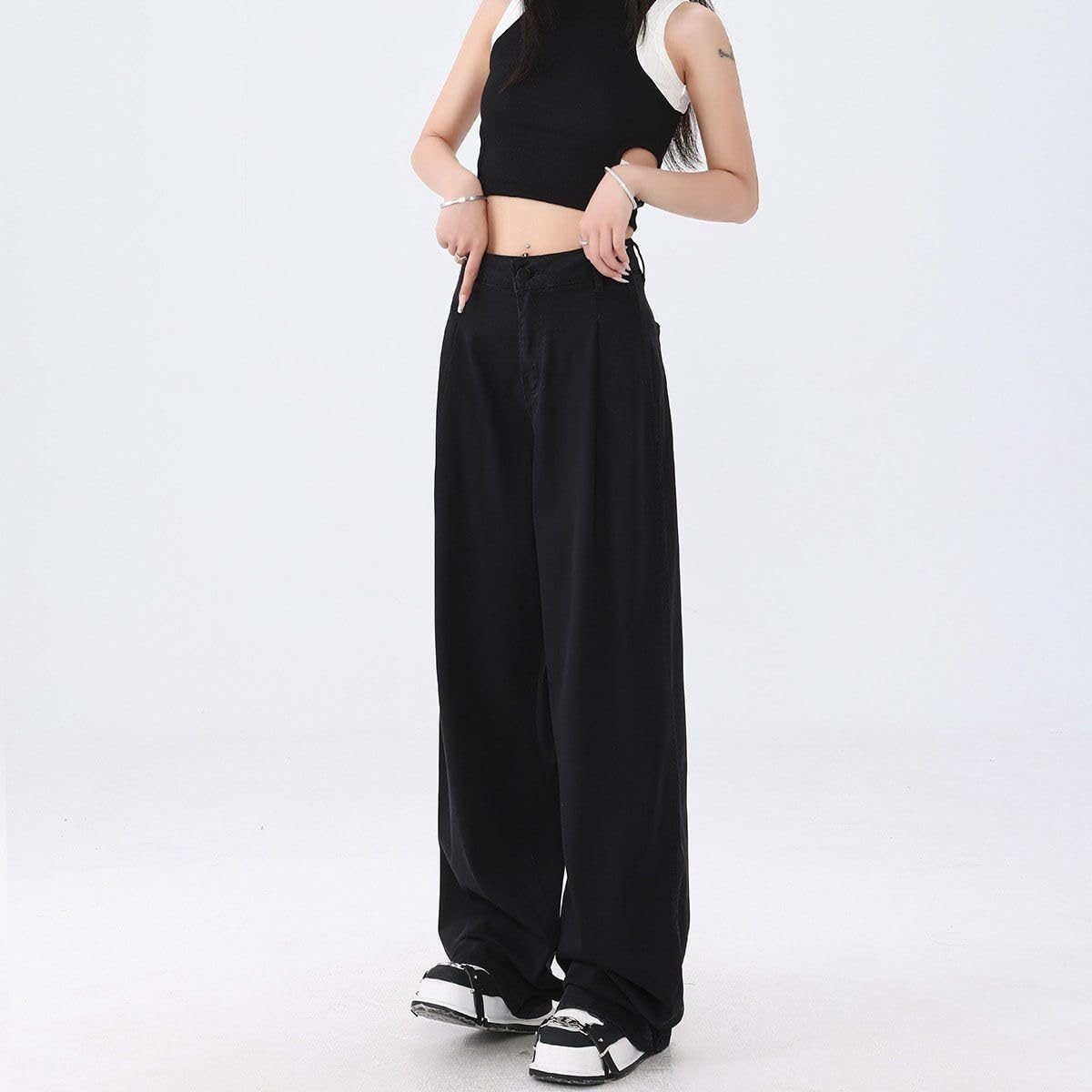 Pantalones Vaqueros para Mujer Pierna Recta Negro Verano Tiro Alto Sueltos