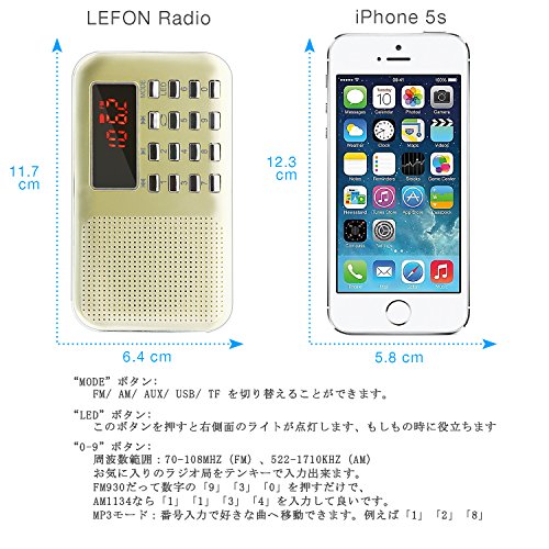 LEFON 充電式 多機能 AM FMポケットラジオ USB.microSDカード対応 MP3プレーヤー LEDライト ポータブルラジオ (金色)