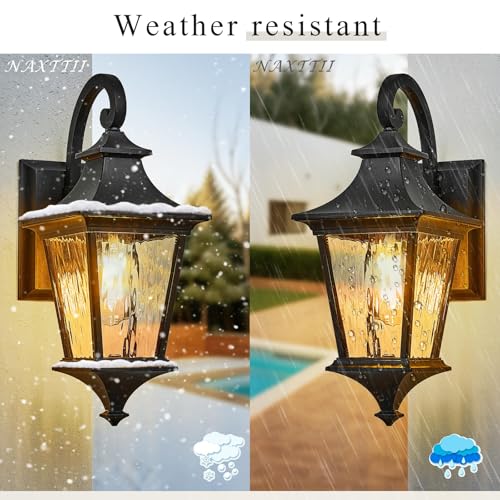 Image of Modern Outside Lights for House 14.6 Inch 2-Pack Porch Light Outdoor with Water Ripple Glass Black Exterior Light Fixtures E26 Socket Downward Installation