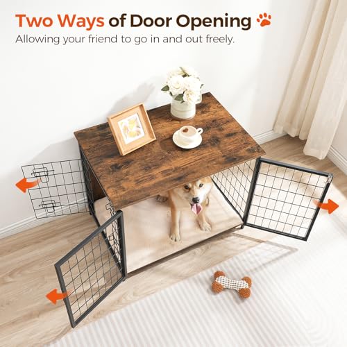 MAHANCRIS Hundekäfig Möbel, 80 cm Hundebox mit Kissen, 2 Tür, Doppeltür, Holzwerkstoff, für Kleine/Mittelgroße/Große Hunde, 80 x 55 x 65 cm, Hundekäfig für Zuhause, Vintagebraun ADCHR0701Z1