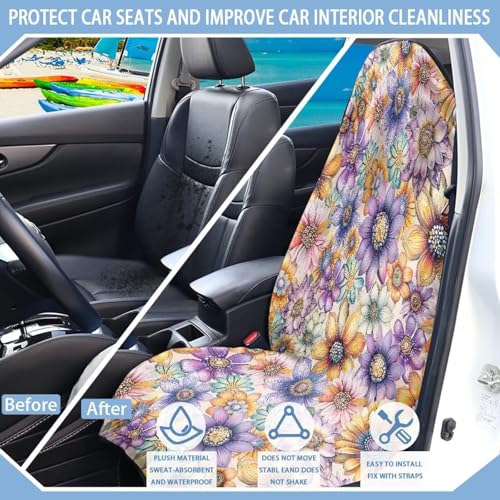Image of Car Seat Cover Protector Front Seats Only Fit for Auto Truck Van SUV, Waterproof Aesthetic Flowers Print Seat Towel Cover for Gym, Pets, Outdoor Adventures