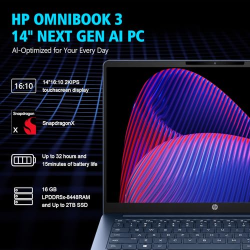 Image of HP OmniBook 3 14 inch Touchscreen Laptop, Snapdragon X, 16GB RAM, 512GB SSD