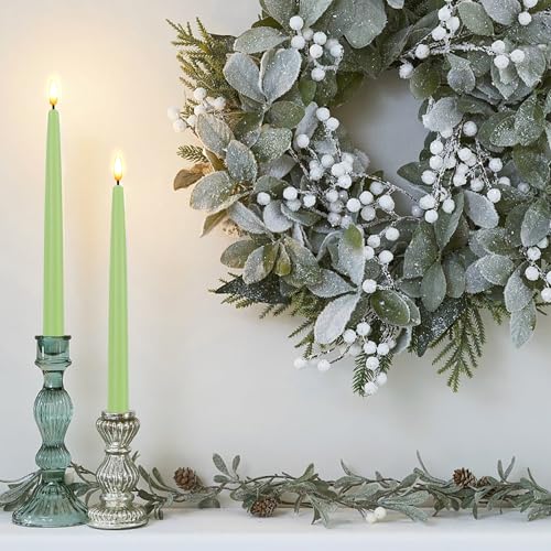 Image of CVHOMEDECO. Flameless Taper Candles with 10-Key Remote, Battery Operated Led Flickering 3D Wick Window Candles Real Wax Finished Home Christmas Party Decor 0.78 x 11 Inch, Pack of 2, Light Green