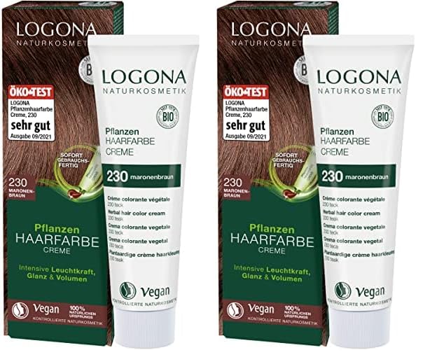 LOGONA Naturkosmetik Pflanzen-Haarfarbe Creme 230 Maronenbraun, Braune Natur mit Henna, vegane Farbcreme für eine dauerhafte Coloration, schonende Färbung für glänzendes Haar, 150ml (Packung mit 2)