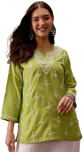 Ada Women's Muslin Regular Fit Tunic Hand Embroidered Lucknowi Chikankari Short Kurti Top A911433