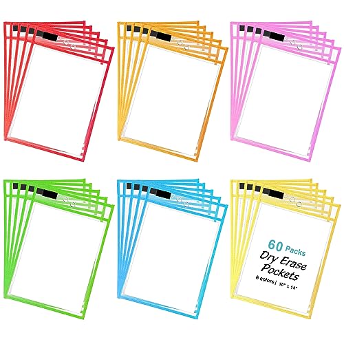 Merkaunis 60 Pack Dry Erase Pockets, Oversized 10x14 Inches for Neat Insertion, Job Ticket Holders, Clear Reusable Plastic Sleeves, PET Ticket Holders with Metal Eyelets, 6 Colors