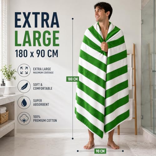 Image of TowelWala Extra Large Cotton Pool & Bath Towel | 180x90 cm | 450 GSM Cotton | Quick Drying & Highly Absorbent | Striped Design for Adults | TW PT GRN Pack 2