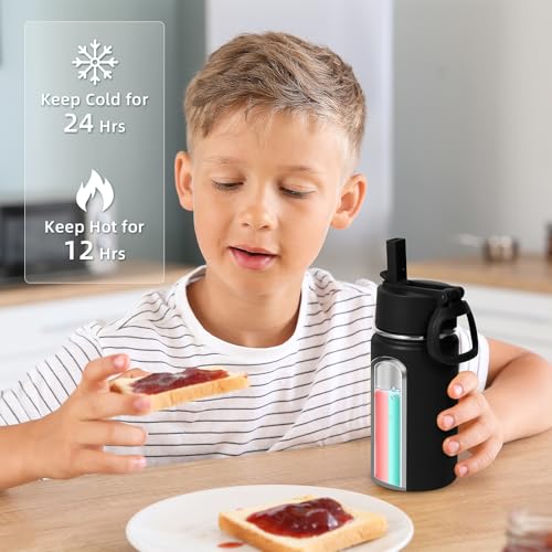 Volhoply 14oz KIds Insulated Stainless Stee Water Bottle with Straw Lid and Silicone Boot,BPA-Free Easy Use for Boys&Girls,Double Wall VacuumLeakproof Bottles(Black,1)