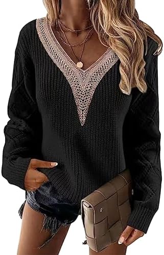 Shownicer Maglione Invernale Donna A Maglia Larga – Scollo A V, Oversize, Manica Lunga, Taglie Forti, Colore Nero - 3
