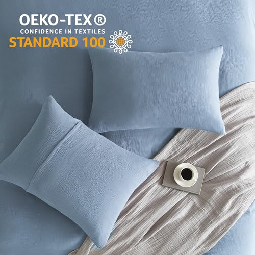 SE SOFTEXLY Muslin Duvet Cover Queen Size, 100% Washed Cotton Duvet Cover Set, Ultra Soft Comforter Cover Linen Like, 3 Pieces Minimalist Gauze Duvet Cover with 2 Pillowcases, 90"x90", Blue