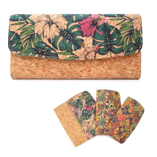 boshiho Portafoglio da donna in sughero, grande in sughero, da donna, intercambiabile, con 3 motivi, sostenibile, vegano, con protezione RFID, molti scomparti e scomparti per carte di credito,