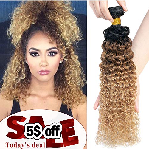 10A Kinkys Curly Human Hair Weave Ombre Curly Hair Bundles 3 Bundles(T1B/30/27,10"12"14"), Brazilian Curly Virgin Human Hair Bundles Black/Auburn/Blonde