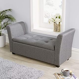 Home Source Grey Linen Fabric Ottoman Window Storage Seat Bedding Blanket Box Hinged, Large