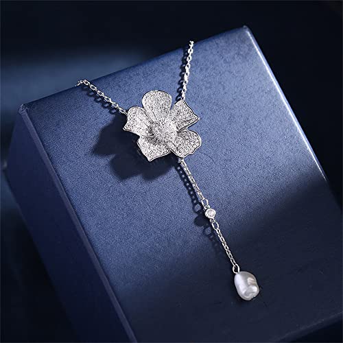 Crystal Flower Drop Y Necklace for Women Cubic Zirconia Diamond Shell Pearl Charms Pendant Choker Chain Adjustable Fashion Shiny Wedding Birthday Anniversary Jewelry Gift Box4