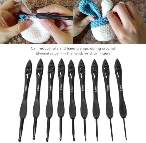WQAPVHBG 9Pcs Crochet Hooks Set, 2.0-6.0mm Ergonomic Crochet Hook Set, Multipurpose Crochet Knitting Hooks with Hollow Design for Making Blankets, Hats, Scarves, 6.3in, Black - 3