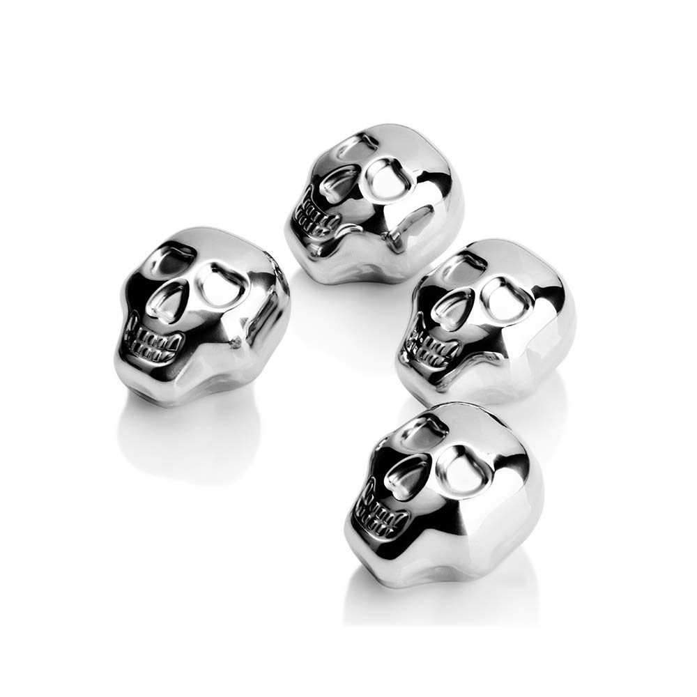 Stainless Steel Chilling Stones Reusable Skull Head Ice Cubes Set of 4 - Whiskey Wine Beer Vodka Chillers (silver)