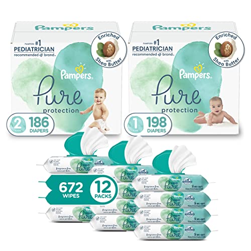 Image of Pampers Pure Protection Disposable Baby Diapers Starter Kit (2 Month Supply), Sizes 1 (198 Count) & 2 (186 Count) with Aqua Pure Sensitive Baby Wipes, 12X Pop-Top Packs (672 Count)