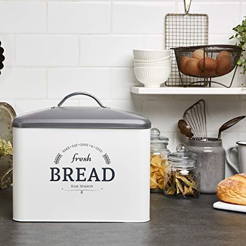 Extra Large White Farmhouse Bread Box For Kitchen Countertop - Breadbox Holder Fits 2+ Loaves - Bread Storage Container Bin - Rustic Bread Keeper Vintage Metal Kitchen Decor For Counter (White With Grey Lid) #TOP4