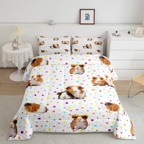 Image of Feelyou Guinea Pig Bedding Set for Girls Boys Children Cute Cavy Pattern Comforter Decorative Cartoon Lovely Pet Animal Comforter Set Toddler Size Colorful Polka Dots Duvet Set 2Pcs Sets