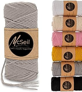 MCSEIL Macrame Cord 3mm x 100 meters  4 Strand Twisted Natural Cotton Rope  Soft & Durable for DIY Knitting, Arts & Crafts, Christmas Decoration, Plant Hangers, Wall Hangings (Gray)