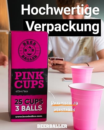 BeerBaller® Pink Cups - 25 pinke Beer Pong Becher & 3 Bier Pong Bälle | spülmaschinenfest & wiederverwendbar | 473ml - 16oz Partybecher | rosa Bierpong Becher Set | Original American Beerpongbecher