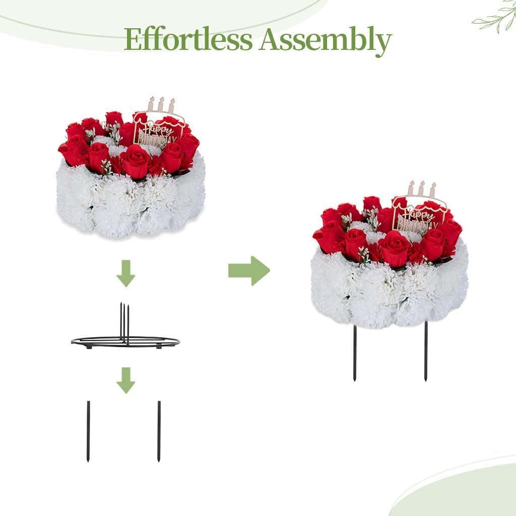 Silk Memorial Cake for Cemetery: Grave Decorations Handcrafted Fake Birthday Flowers Cake - Artificial Red Rose Gravesite Decor- Memorial Gifts for Loved Ones