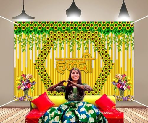 Image of DARSHANAM WORLD Wedding Decorative Cloth for Haldi & Mehndi Ceremony, Photoshoot, Haldi Background Enhancer for Mehndi Ceremony (8x5 ft, 3D Printed Backdrop with Floral & Logo Design) (Yellow)