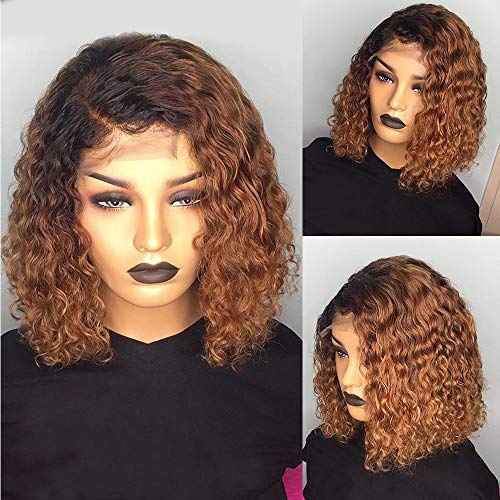 Riya Hair 13x6 1b/30 Ombre Short Bob Wigs Human Hair Lace Front Wigs for Black Women Brazilian Virgin Hair Curly Bob Wigs Remy Hair Wigs 150% Density 8inch
