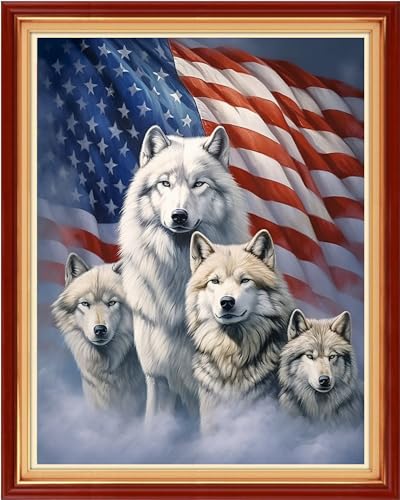Image of Joyhoor Cross Stitch Kits for Beginners Stamped Cross-Stitch Supplies Needlework preprint Embroidery Kits for Adults DIY Needlepoint Kits Embroidery Patterns 11CT-Flag Wolf 16x20 inchs