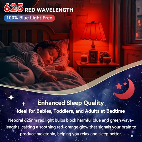 Image of Neporal 625nm Red Light Bulbs for Sleep 3W, 100% Blue Light Blocking Bulbs for Melatonin Promote, A19 40W Eq. Soft Red Night Light Bulb for Sleep, Read, Baby Nursery 2PK (White When Off, Red When on)