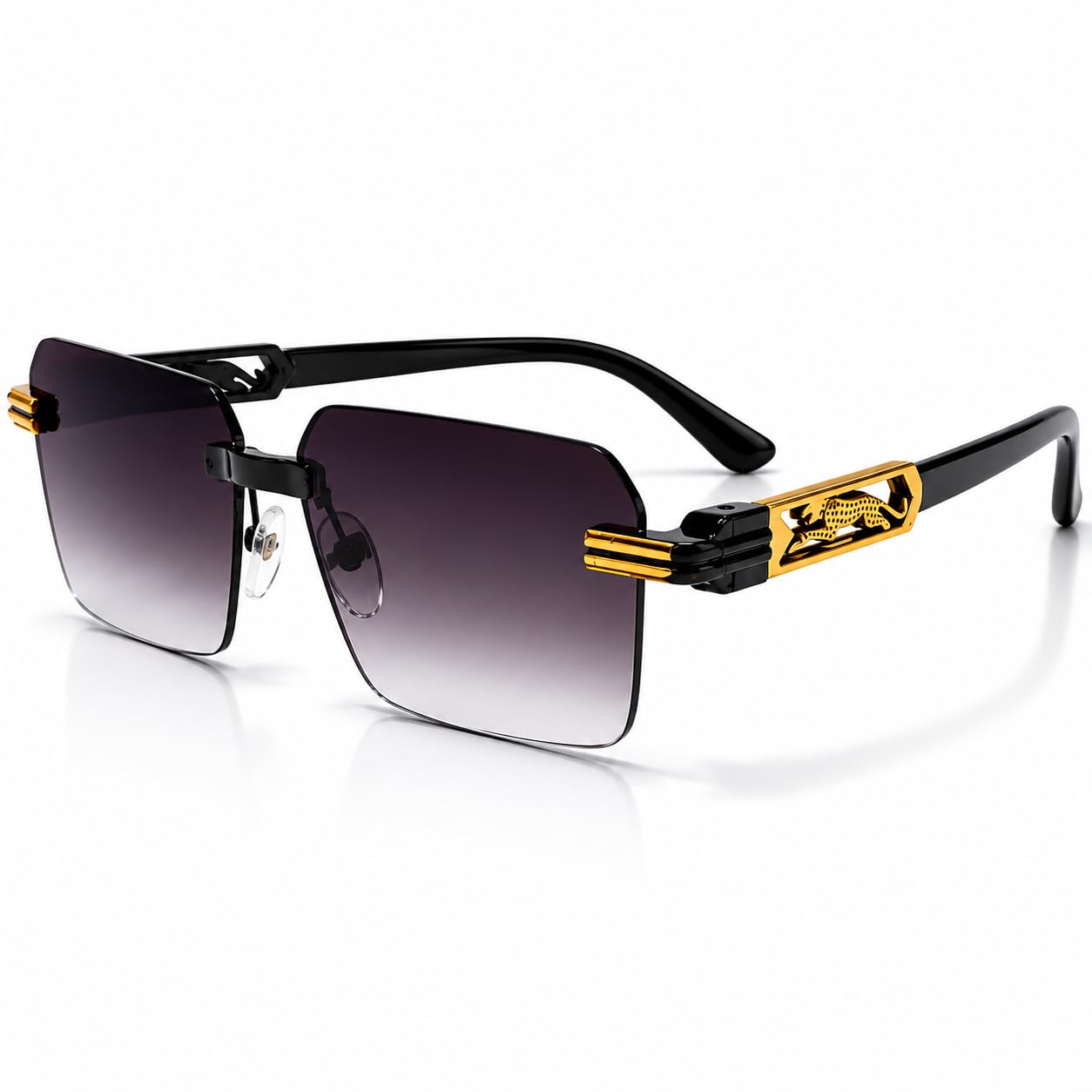 Rimless Square Sunglasses, Black with Gold, UV400 Protection, Anti-Glare Lens, Includes Case & Cloth-picture-43
